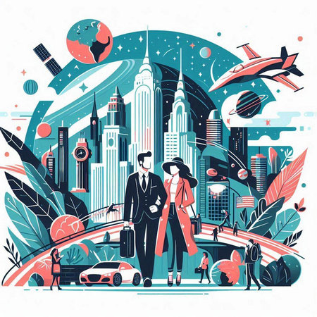 Vector illustration of business people walking in the city. City life.のイラスト素材