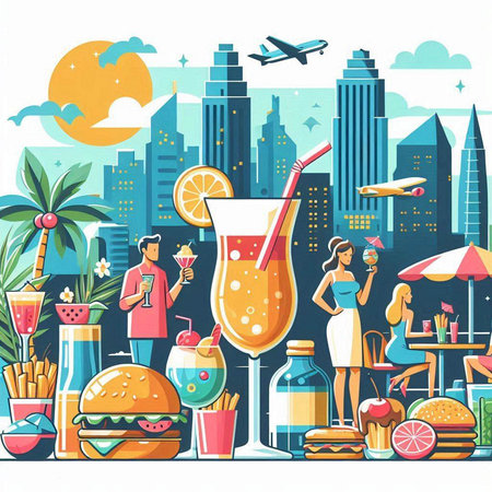 Cocktail bar with food and beverages on city background. Vector illustrationのイラスト素材