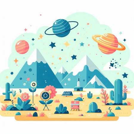 Flat design vector illustration concept of space exploration with planets, stars, solar panels, cactuses and other objects.のイラスト素材