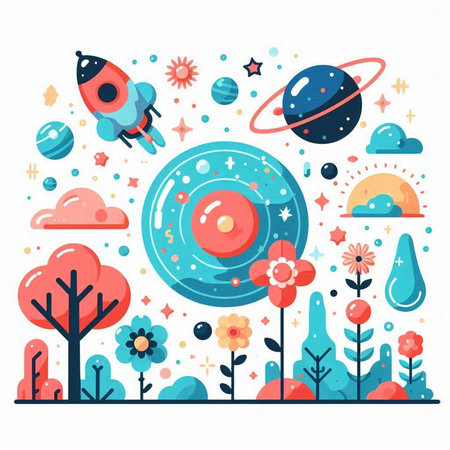 Vector illustration in flat style with planets, stars, flowers and other elements.のイラスト素材