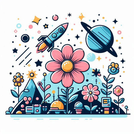 Vector illustration of rocket, cosmos, planets, flowers and stars.のイラスト素材