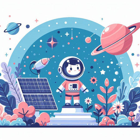 Astronaut with solar panels and planets on the background. Vector illustrationのイラスト素材