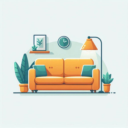 Living room with sofa, lamp and plants. Flat style vector illustration.のイラスト素材