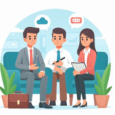 Business people sitting on sofa and talking. Man and woman in office. Teamwork concept. Vector illustration in cartoon styleのイラスト素材