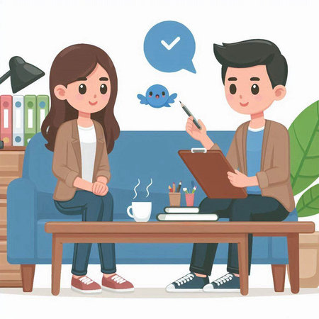 Young couple sitting on the sofa at home, talking to each other, drinking coffeeのイラスト素材