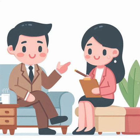 Business man and woman sitting on the couch and talking. Vector illustration.のイラスト素材