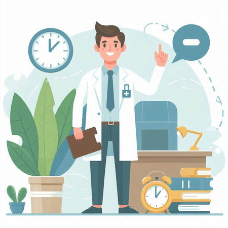 Vector flat cartoon illustration of a male doctor in a white coat and stethoscope standing near a desk with a briefcase.のイラスト素材