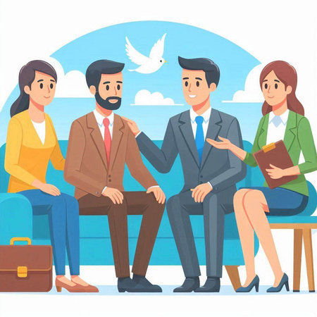Business people sitting in waiting room, vector illustration. Businessman and businesswoman waiting for interview, man and woman sitting in waiting roomのイラスト素材
