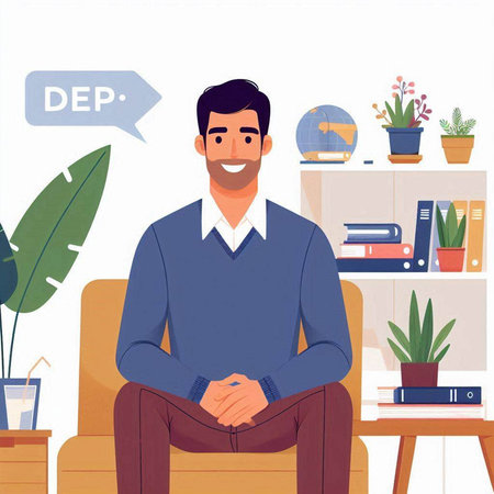 Smiling man sitting on chair in office. Vector illustration in flat styleのイラスト素材