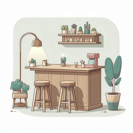 Vector illustration of a cozy home interior with a wooden bar counter, coffee table, bookshelf and plants.のイラスト素材
