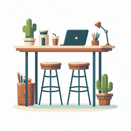 Office workplace. Workplace with laptop, coffee cup, stationery, cactus and other objects. Vector illustrationのイラスト素材