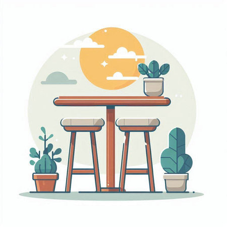 Vector illustration of a cafe with a table, chairs and a potted plant.のイラスト素材