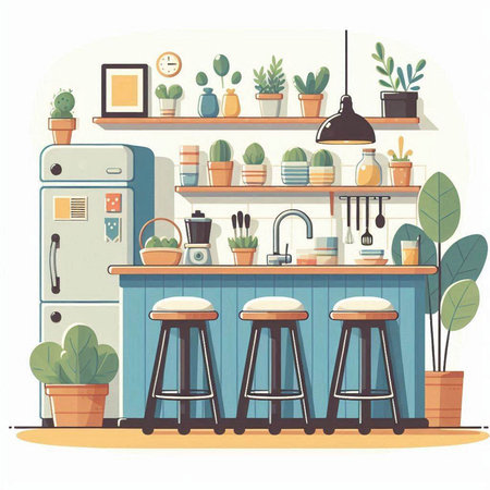 Kitchen interior with furniture and equipment. Flat style vector illustration.のイラスト素材