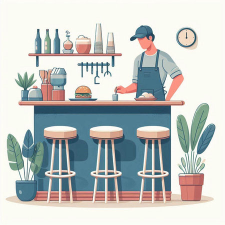 Barista at work in a cafe. Vector illustration in flat styleのイラスト素材