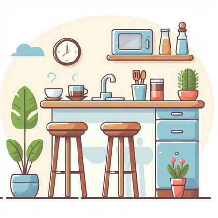 Kitchen interior with furniture and accessories. Vector illustration in flat styleのイラスト素材