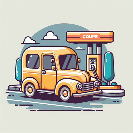 Retro car and gas station. Vector illustration in retro style.のイラスト素材