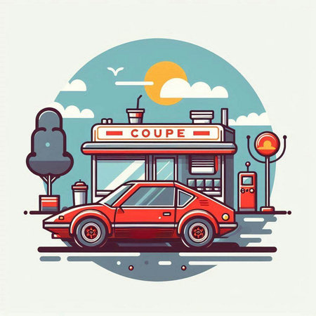 Retro car in the city. Vector illustration in flat style.のイラスト素材