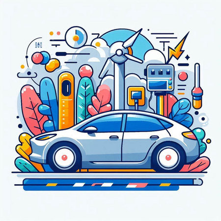 Car on the road. Renewable energy concept. Vector illustration.のイラスト素材