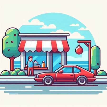 Vector illustration of a city street with a coffee shop and a carのイラスト素材