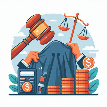 Law and justice concept. Flat vector illustration of judge, scales of justice, gavel, money.のイラスト素材