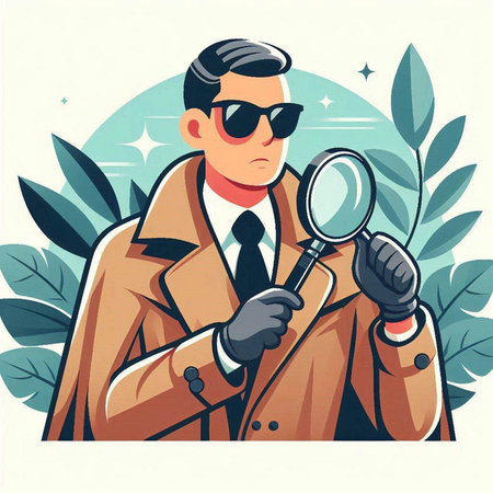 Vector illustration of a detective with a magnifying glass in his hand.のイラスト素材