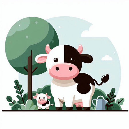 Cute cartoon cow with baby in the park. Vector illustration.のイラスト素材