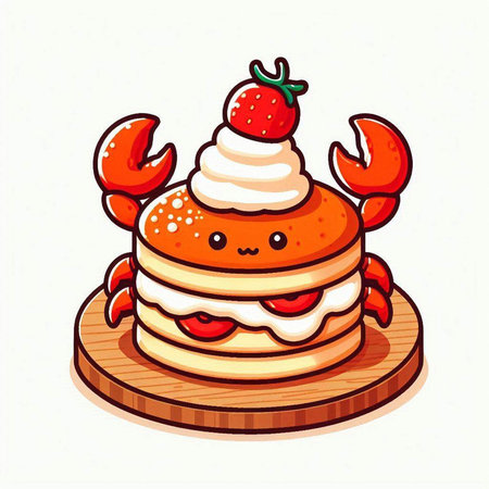 Cute vector illustration of a stack of pancakes with cream and strawberry.のイラスト素材