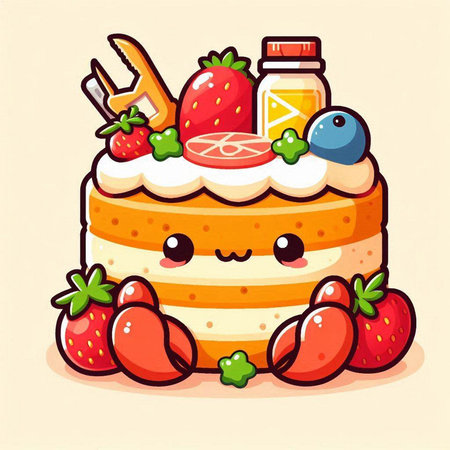 Cute cartoon cake with fruits and berries. Vector Illustration.のイラスト素材