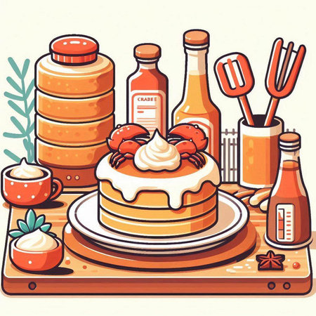 Illustration of a stack of pancakes on a wooden board with ingredients for cookingのイラスト素材