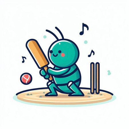 Cricket vector illustration. Cute cartoon character playing cricket.のイラスト素材