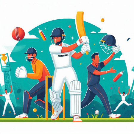 Cricket players in action. Vector illustration in cartoon style.のイラスト素材