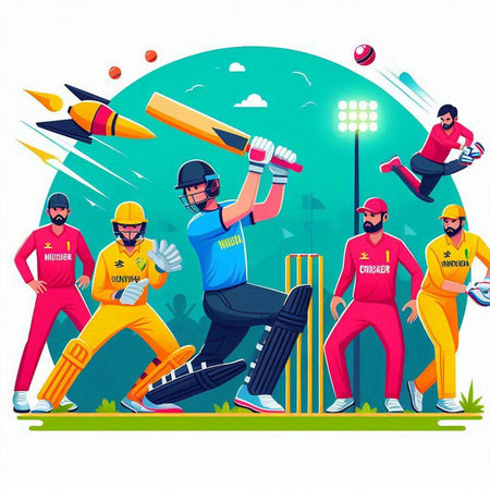 Cricket players in action. Vector illustration in cartoon style.のイラスト素材