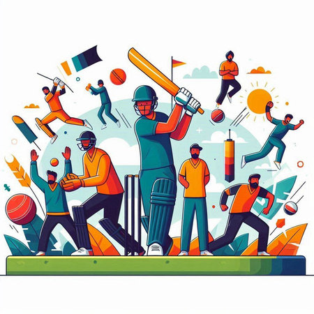 Cricket championship. Characters playing cricket. Vector illustration in flat styleのイラスト素材
