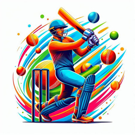 Cricket player in action with bats and balls. Vector illustration.のイラスト素材
