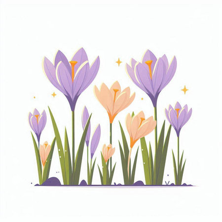 Crocuses on white background. Spring flowers. Vector illustration.のイラスト素材
