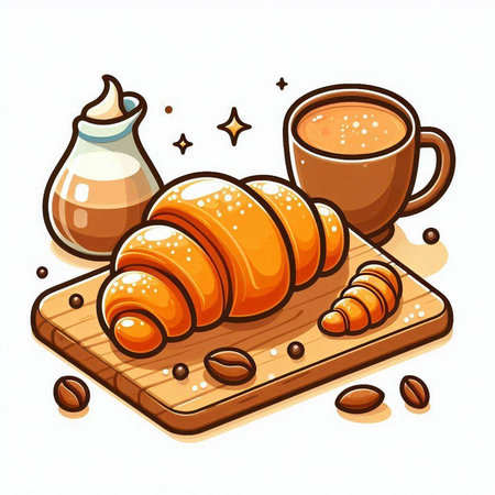 Coffee and croissant on a wooden board. Vector illustration.のイラスト素材