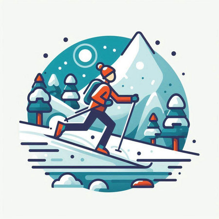 Vector illustration of a man skiing in the mountains. Flat style.のイラスト素材