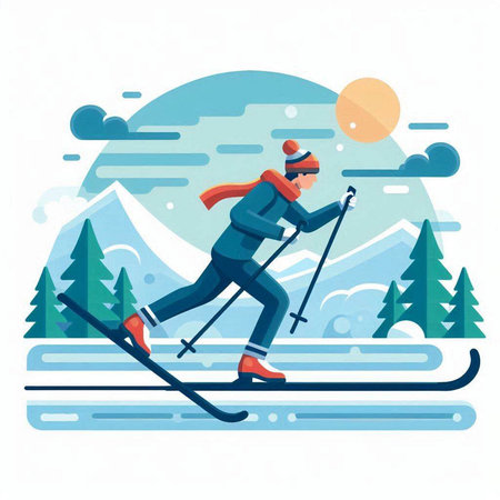 Skier skiing in the mountains. Vector illustration in flat style.のイラスト素材
