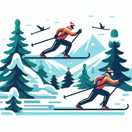 Cross-country skiing in the mountains. Vector illustration in flat styleのイラスト素材