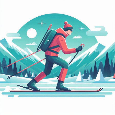 Skiing in the mountains. Vector illustration in flat style.のイラスト素材