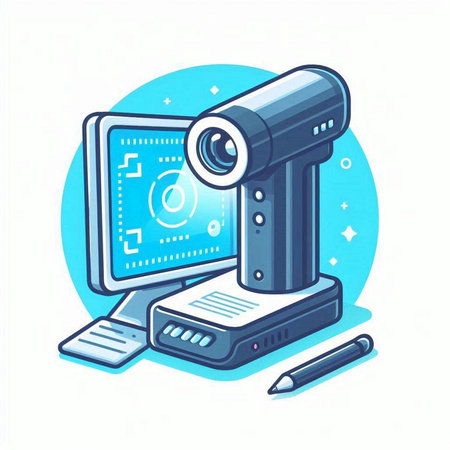 Vector illustration of a computer monitor with a video camera and a pencilのイラスト素材