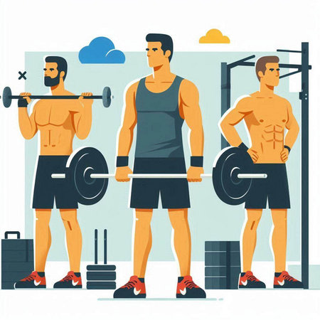Man doing exercises with barbell in gym. Flat style vector illustration.のイラスト素材