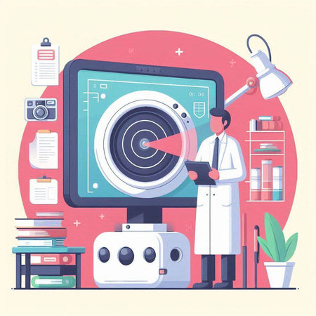 Vector illustration in flat design style of a scientist working at the laboratory.のイラスト素材