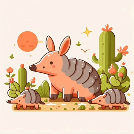 Cute little hedgehog in the desert with cactuses. Vector illustrationのイラスト素材