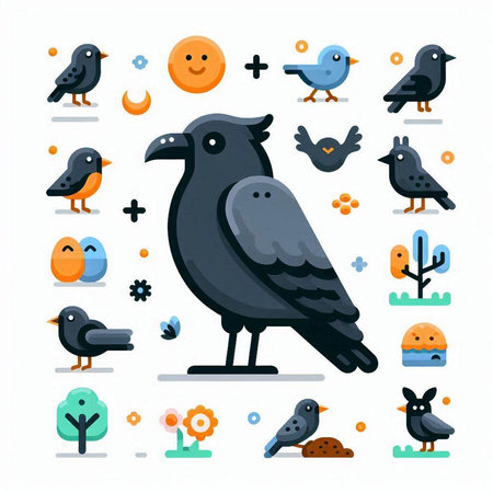 Cute vector illustration of black crow and different types of birds.のイラスト素材