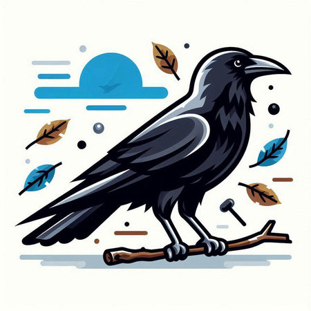 Crow on branch with autumn leaves. Vector illustration in cartoon styleのイラスト素材