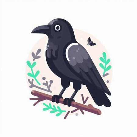 Crow on the branch. Vector illustration in a flat style.のイラスト素材