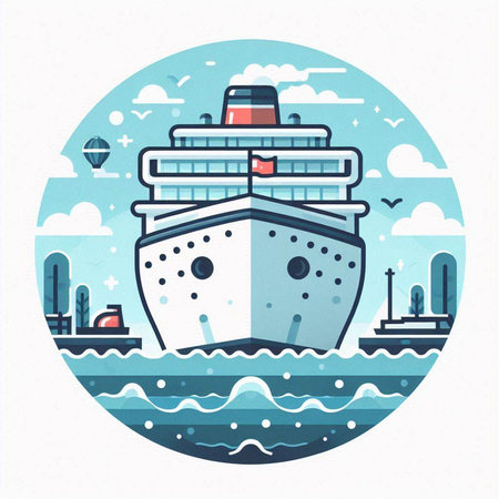Cruise ship on the sea. Vector illustration in flat style.のイラスト素材