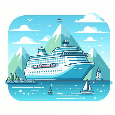 Cruise ship in the sea. Vector illustration. Flat style.のイラスト素材