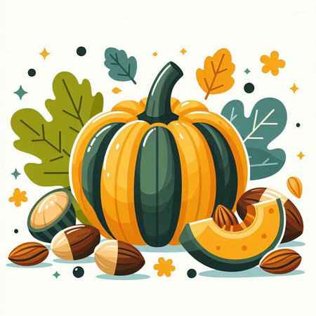 Pumpkin with nuts and autumn leaves. Vector illustration in flat style.のイラスト素材